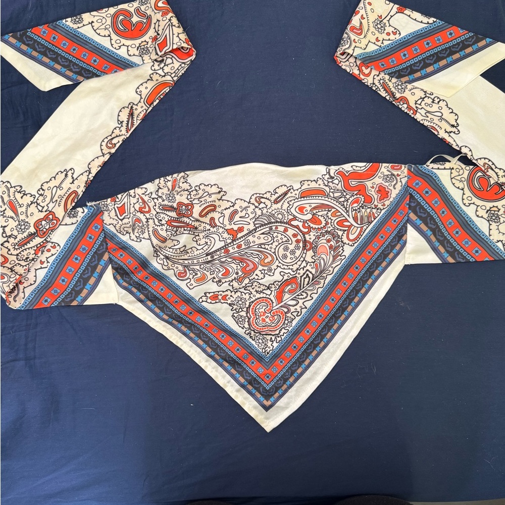 Cream and Red Asymmetrical Tie Front Crop Top